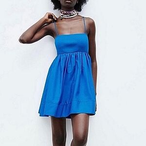 NWT Zara royal Blue ribbed bodice Spaghetti Strap babydoll Dress M